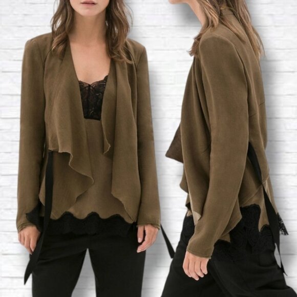 ZARA Woman Olive Green Loose Linen Jacket with Ribbon Tie Size XXS - Picture 2 of 14